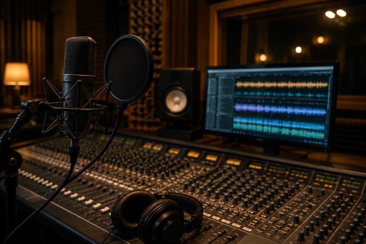 Studio d'enregistrement : console de mixage et microphone