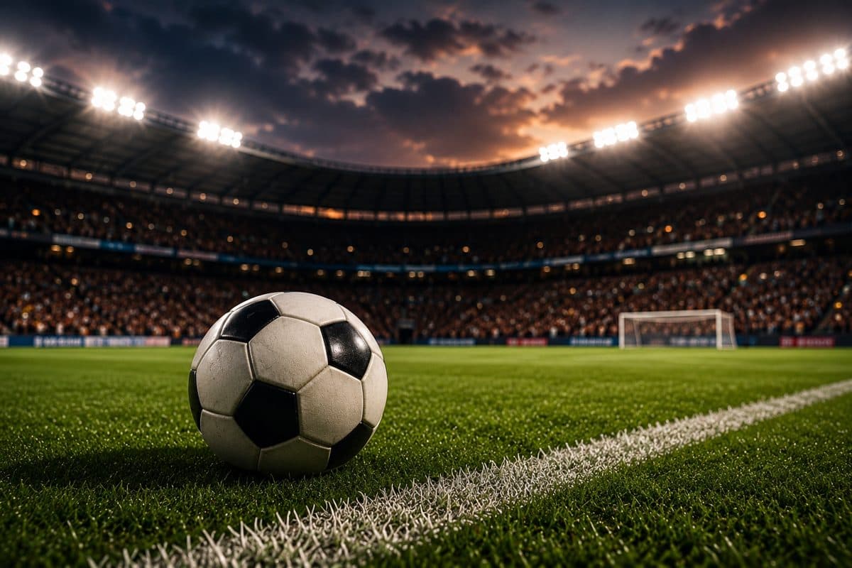 Stade de football illuminé, ballon au premier plan